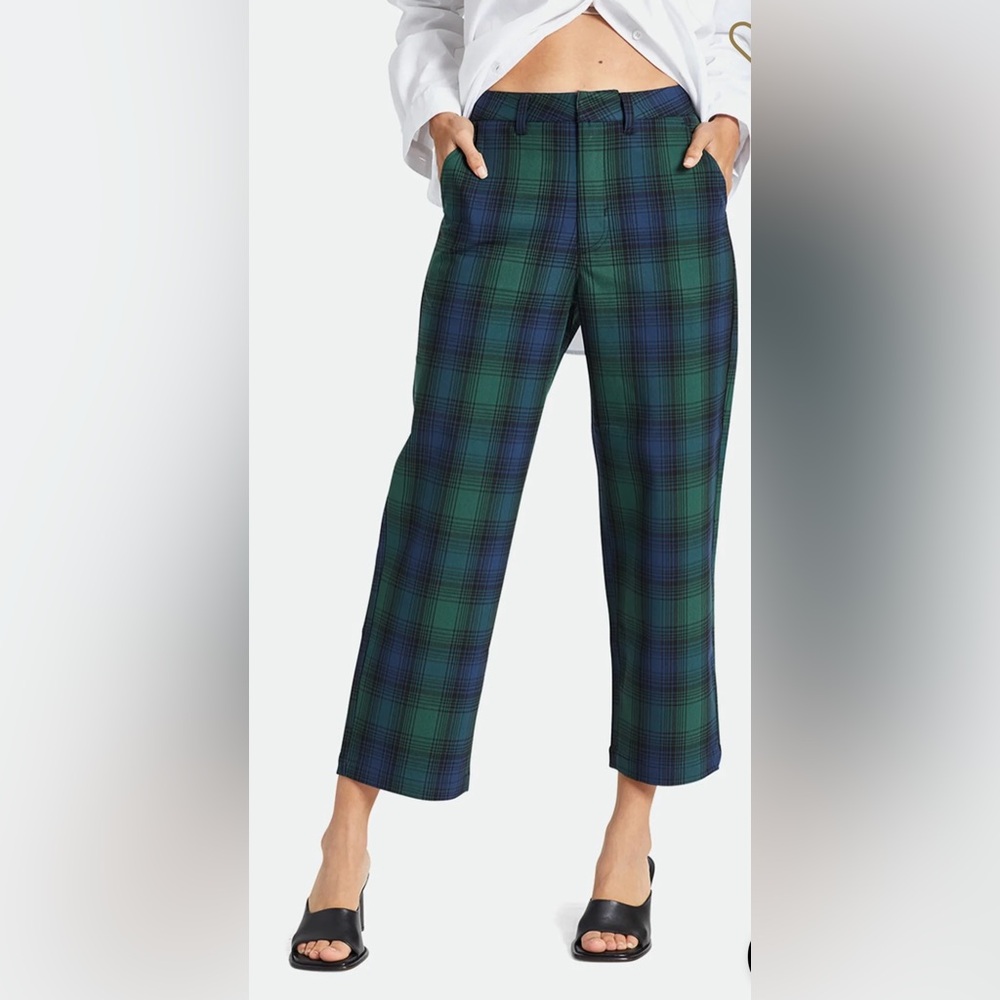 Brixton Women’s High Waist Straight Leg Cropped Plaid Pants W 30 L 37 Green Blue